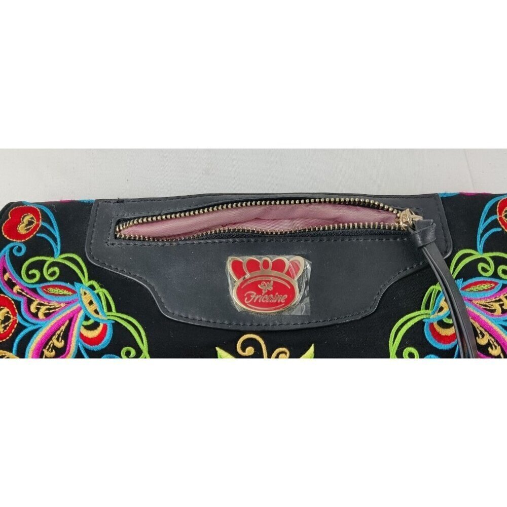 Fricaine Black Treasure Clutch Crossbody Luxury Boho Exotic Embroidered Flowers - Picture 7 of 12